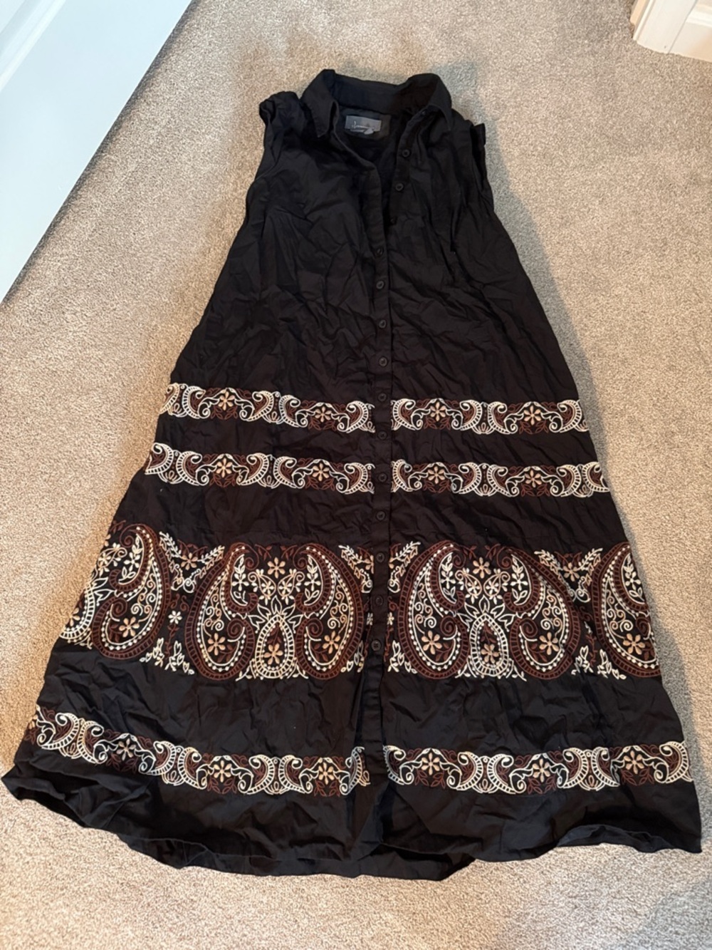 Anthropologie Black Maxi Dress with Brown and Cream Embroidery